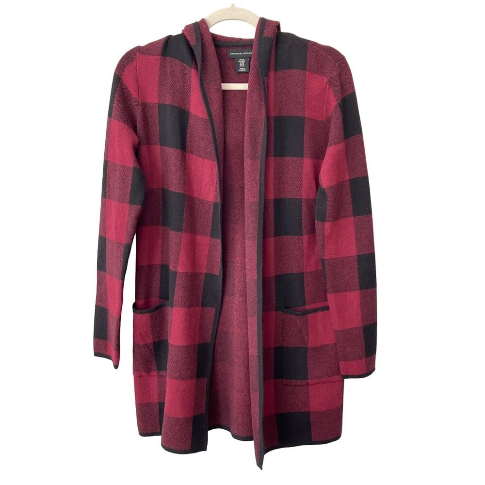 Adrienne Vittadini Buffalo Plaid Open Front Hooded Cardigan Womens XS Red Black